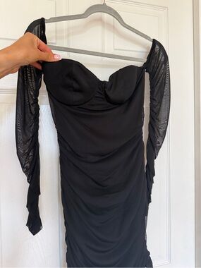 SHEIN Black Ruched Mini Dress with Mesh Sleeve Detail